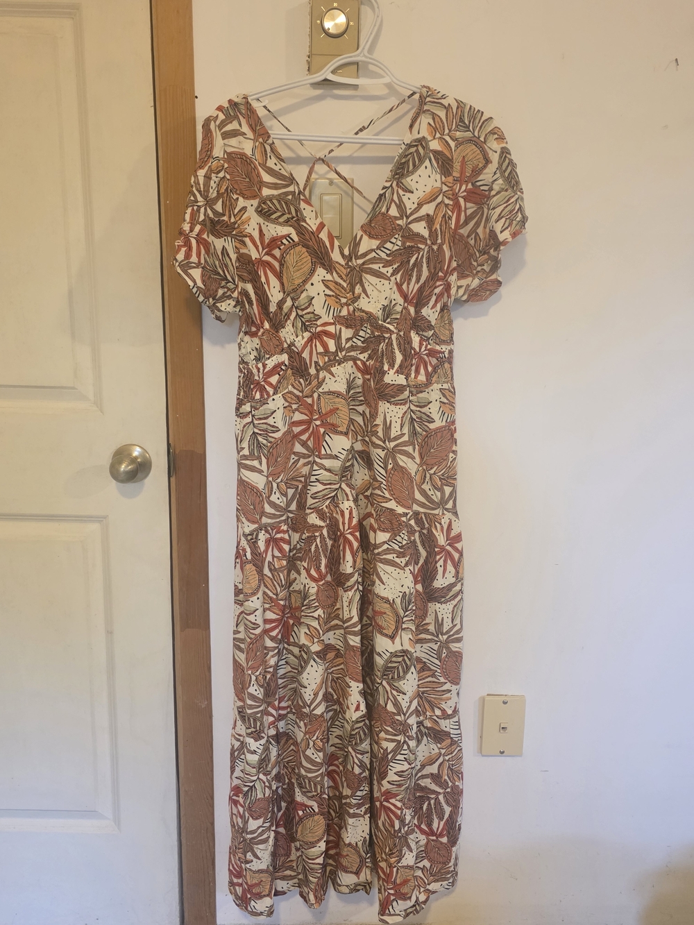 V-Neck Floral Maxi Dress in Cream with Rust and Brown Leaves